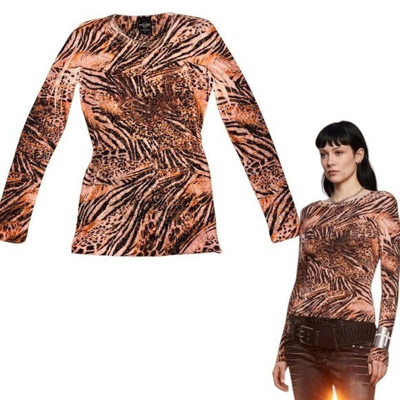 🐅 deadstock Sledge USA Y2K Tiger Print Rhinestone Bling Top Small NWOT