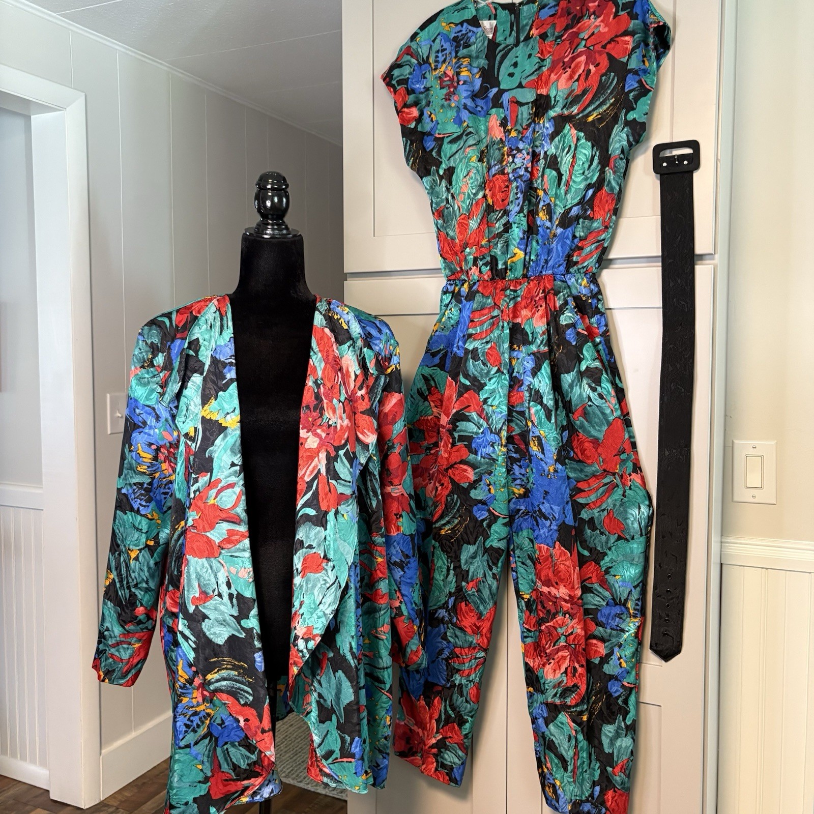 VTG Anthony Sicari 3pc Jacket Jumpsuit Belt Silky Womens 8 Petite Retro Hippie