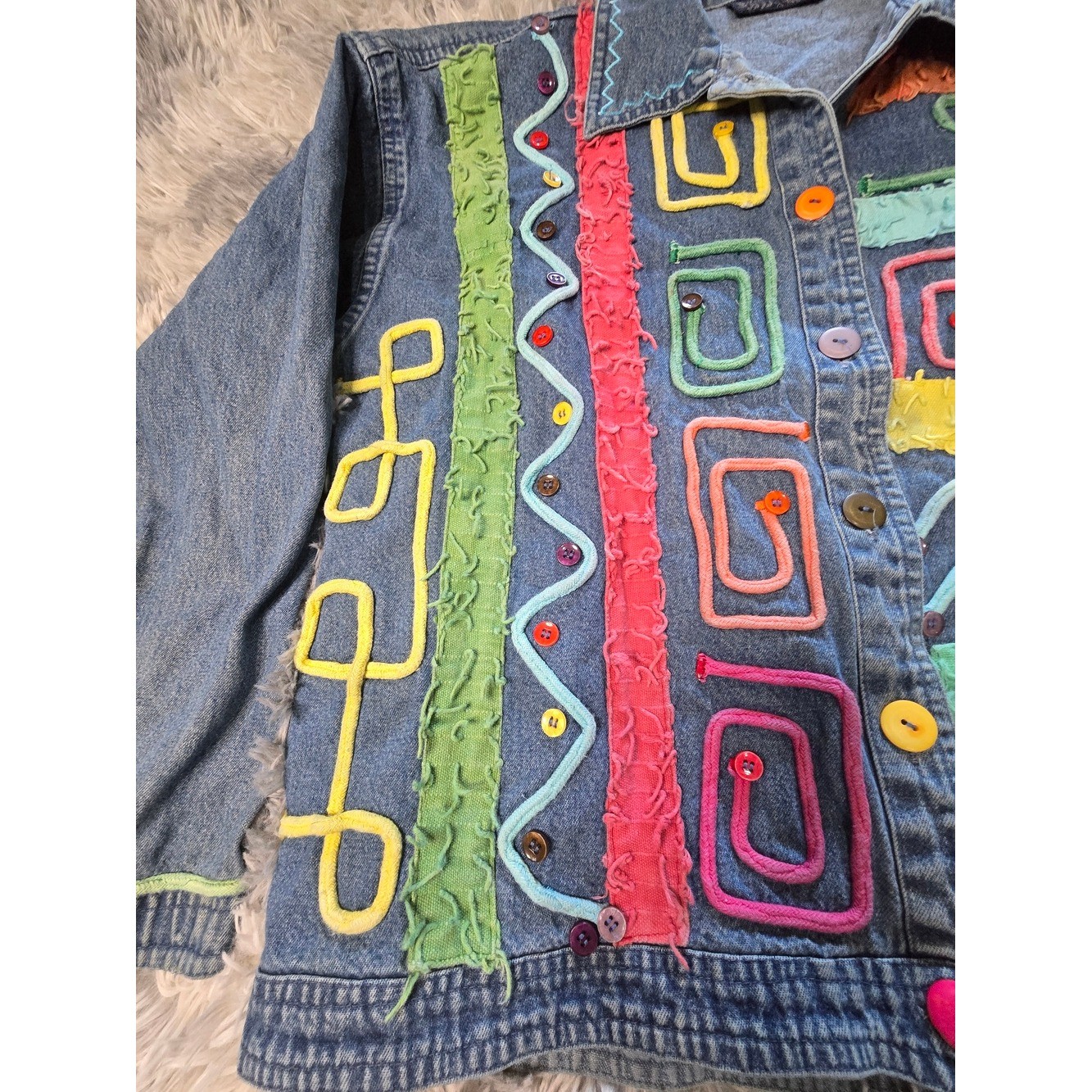 Vintage New Directions Light Blue Denim Shirt with Fun Embroidered Pattern