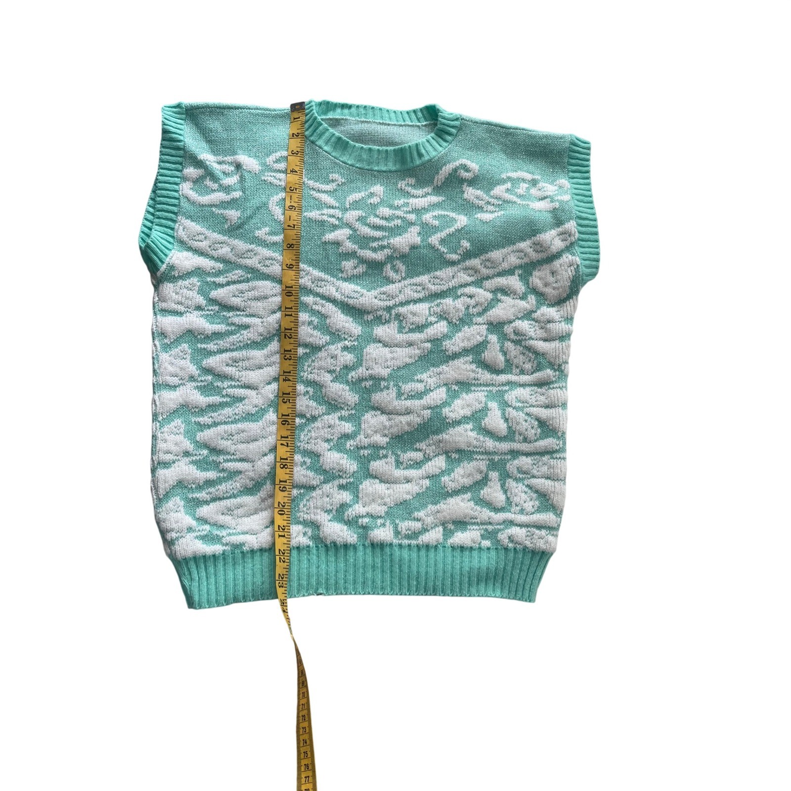 Vintage Mint Green White Floral Knit Sweater Vest Metallic Shimmer Sleeveless L
