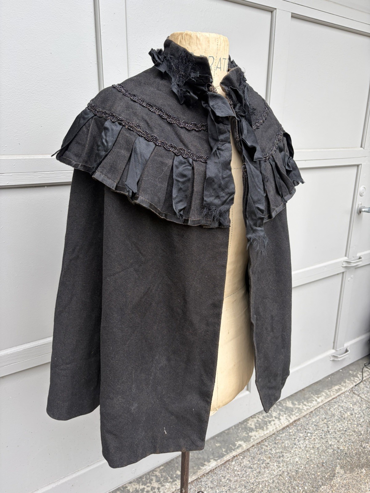 Antique Victorian Black Wool Beaded Evening Cape Capelet Cloak Mourning 1800s