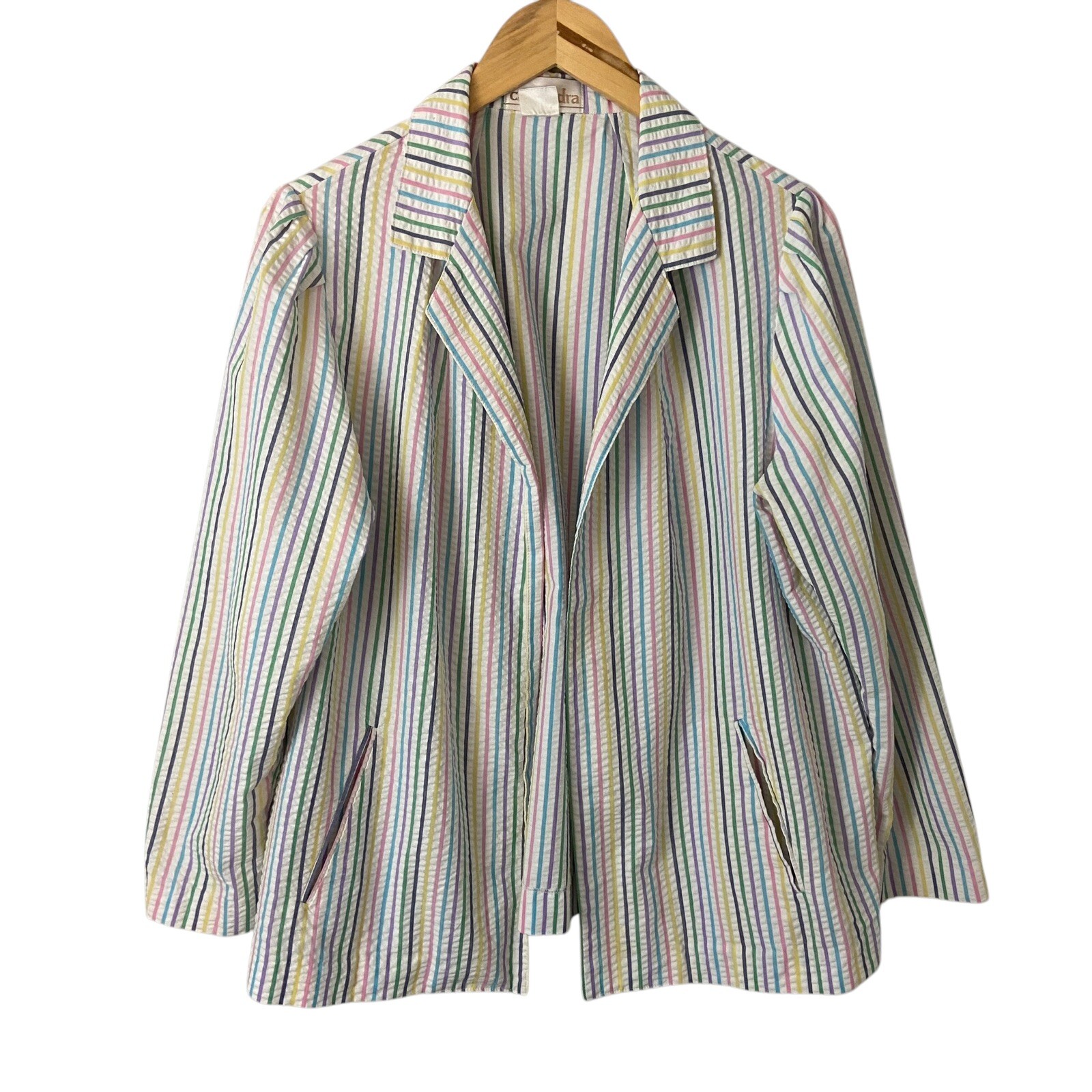 Vintage Pastel Striped Seersucker Open Blazer Rainbow Retro Career Sz 38 (M)