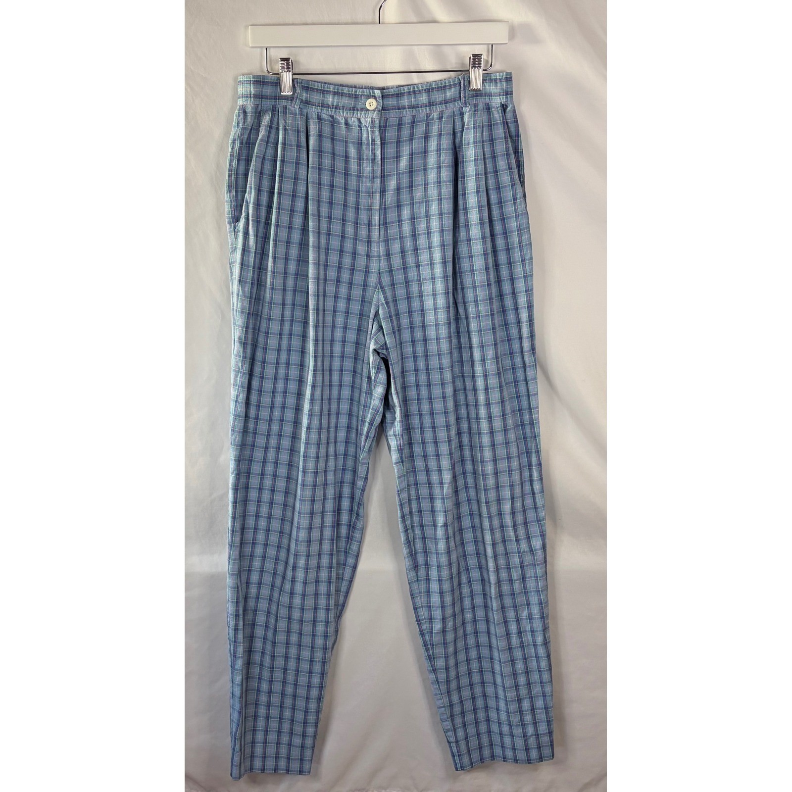 David Brooks Vintage Plaid Pleated Pants Blue Green High Waist Tapered Size 12
