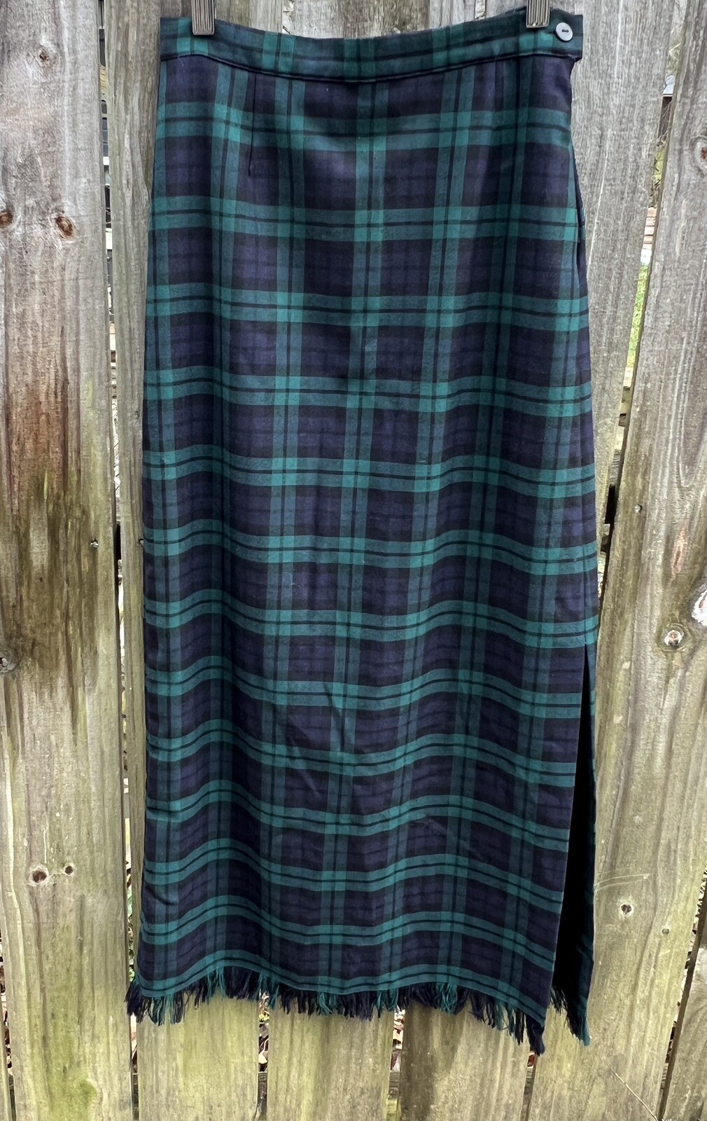 Vtg 80s Wool Tartan Maxi Skirt Plaid Fringe Side Slit Academia XXS XS 0 / 2