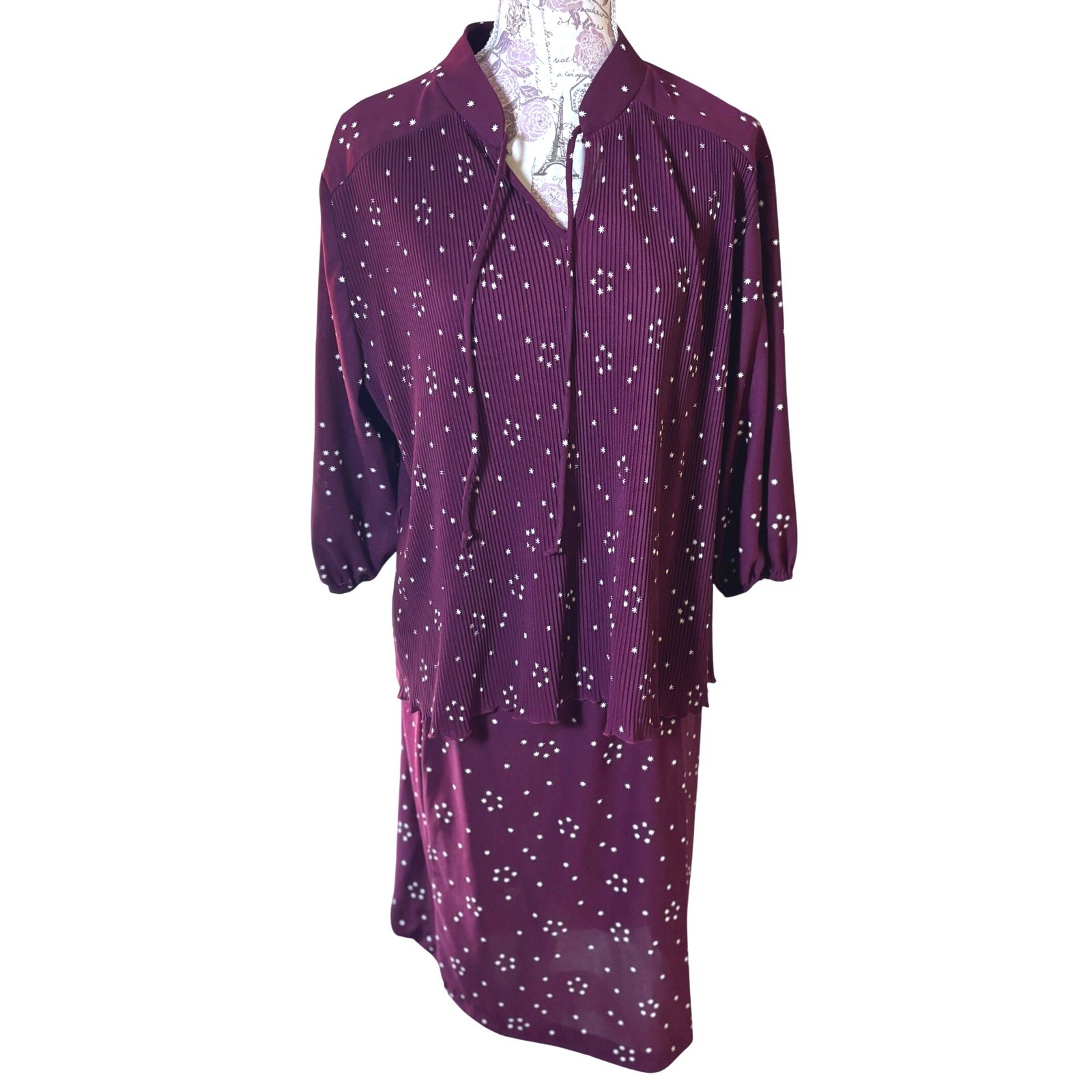 Vintage Burgundy Star Print Two Piece Skirt Set Blouse Top and Skirt sz 20