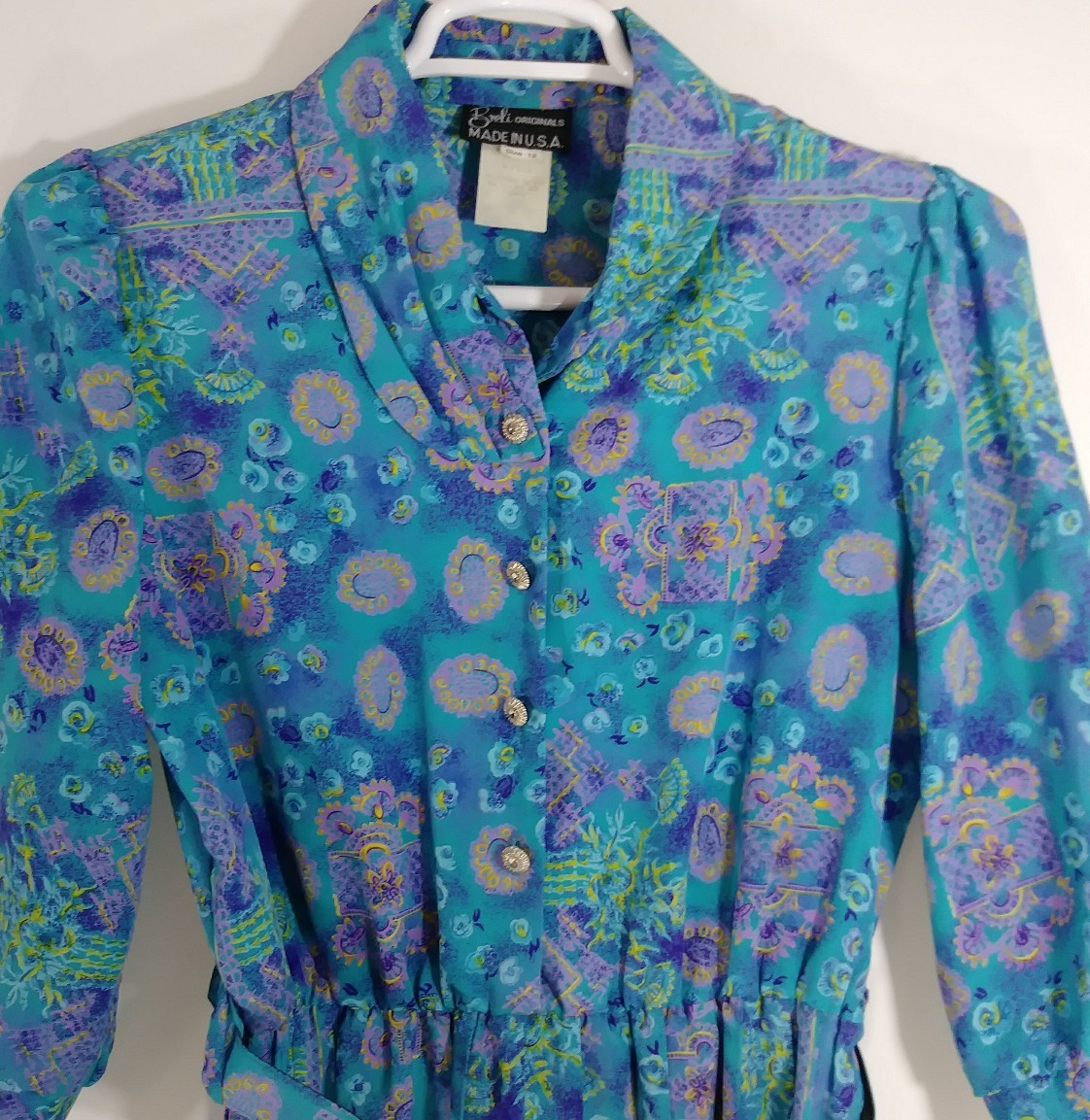 Breli Originals Blue Purple Yellow Floral Dress Pleated Size 12 Belt Vintage