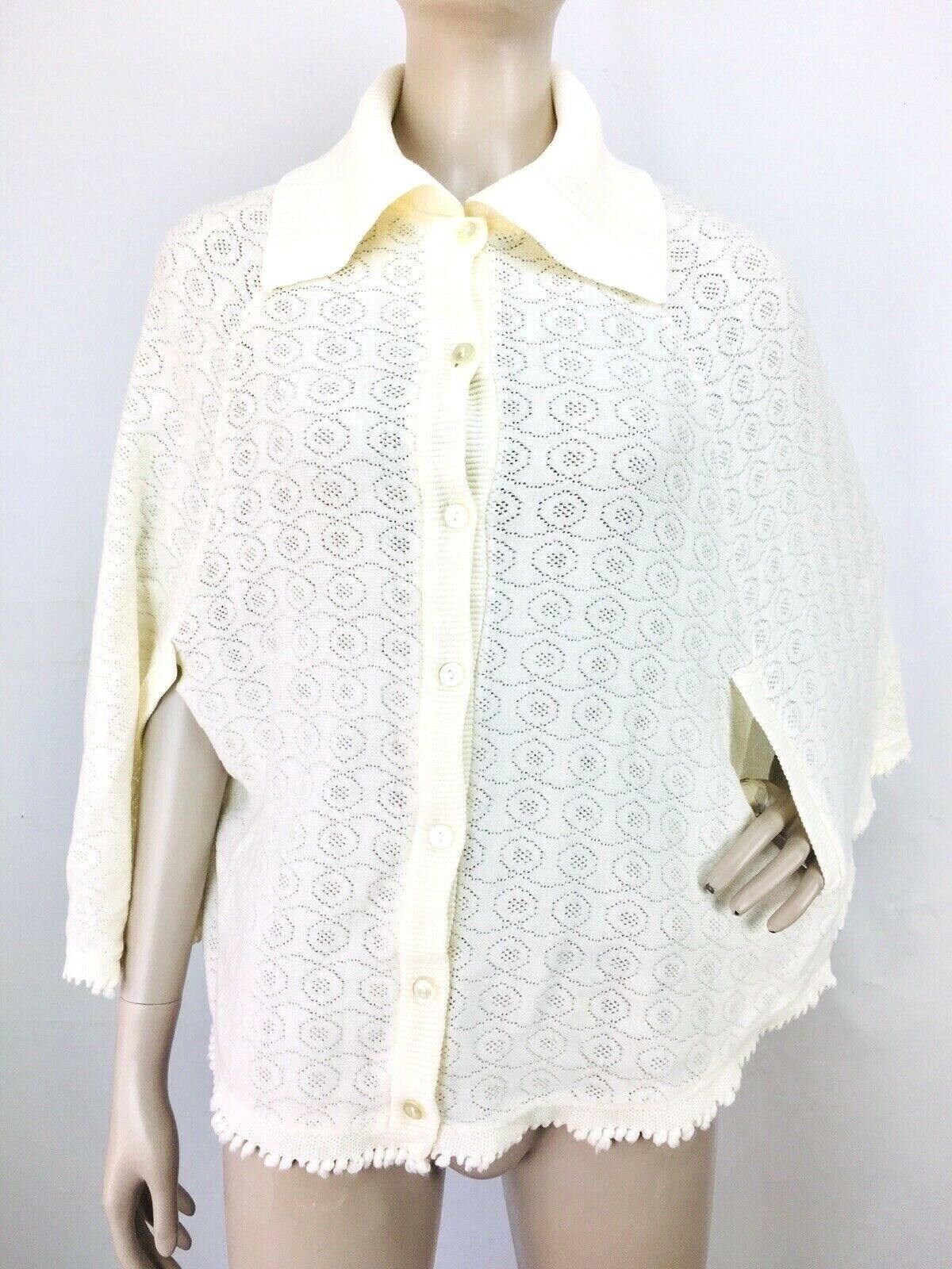 70s Vintage Ivory Crochet Knit Button-Down Poncho Cape Shawl Sweater