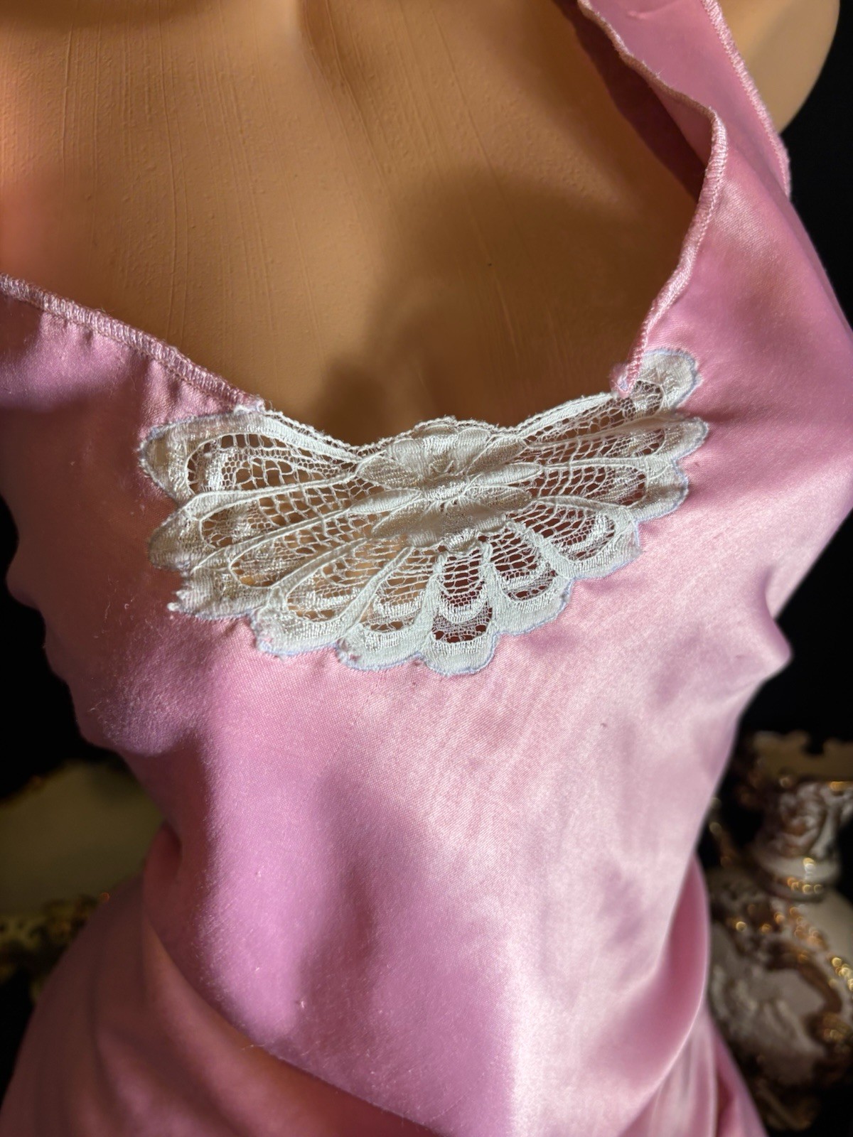 Vtg Satin Soft Pink Anastasia w Strips in gown Nightgown Negligee Gown w Lace