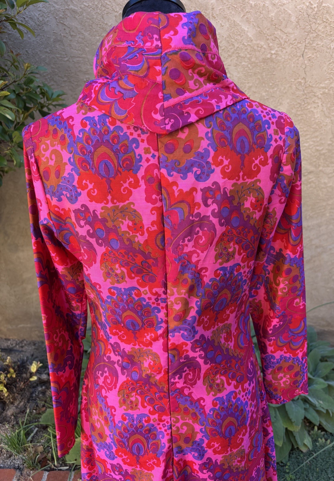 Vintage Thai Silk Bright Pink Psychedelic Cowl Neck Maxi Dress