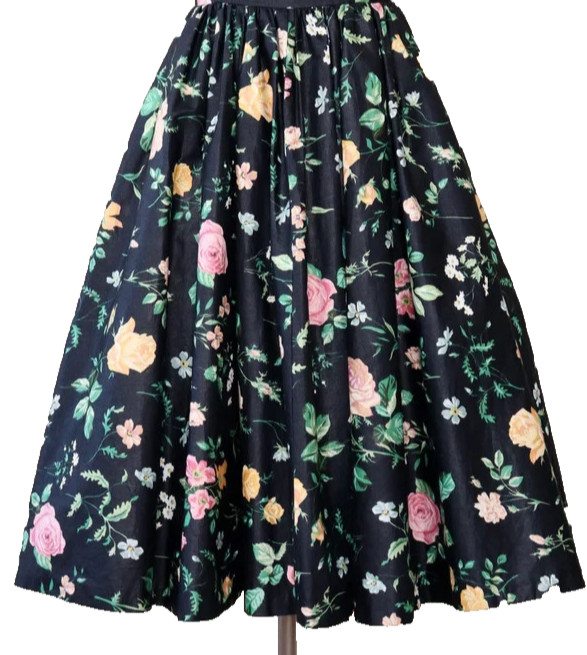 Vintage 80s Cottage Core Black Floral Prom Party Dress Gilbert-Pavell Size 4