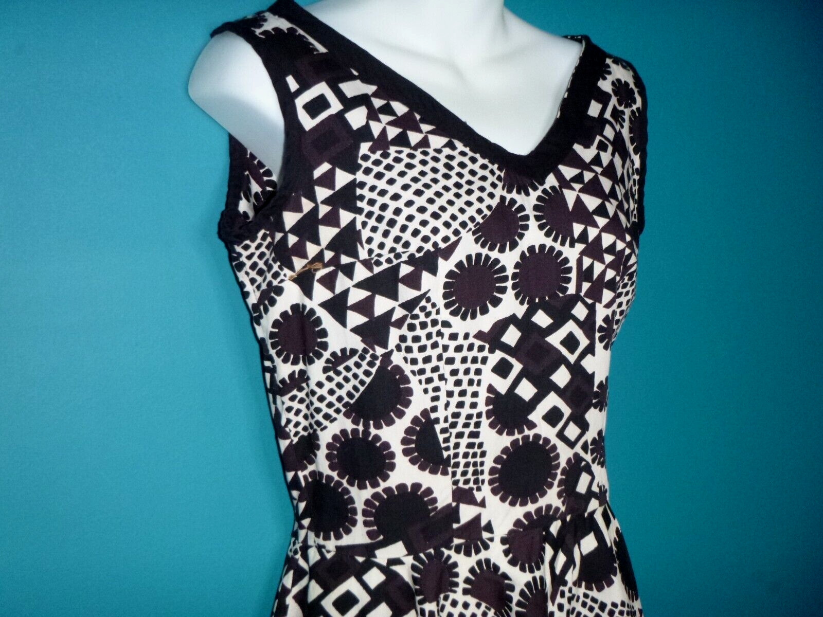 Vtg 60s Fit and Flare Dress MOD Black Brown White Abstract Floral Print Sz S/M