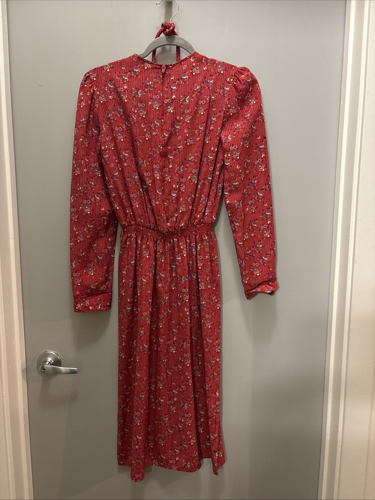 Vintage 100% Silk Red Floral Pinstripe Dress w/ Braided Belt 6 Made in Korea
