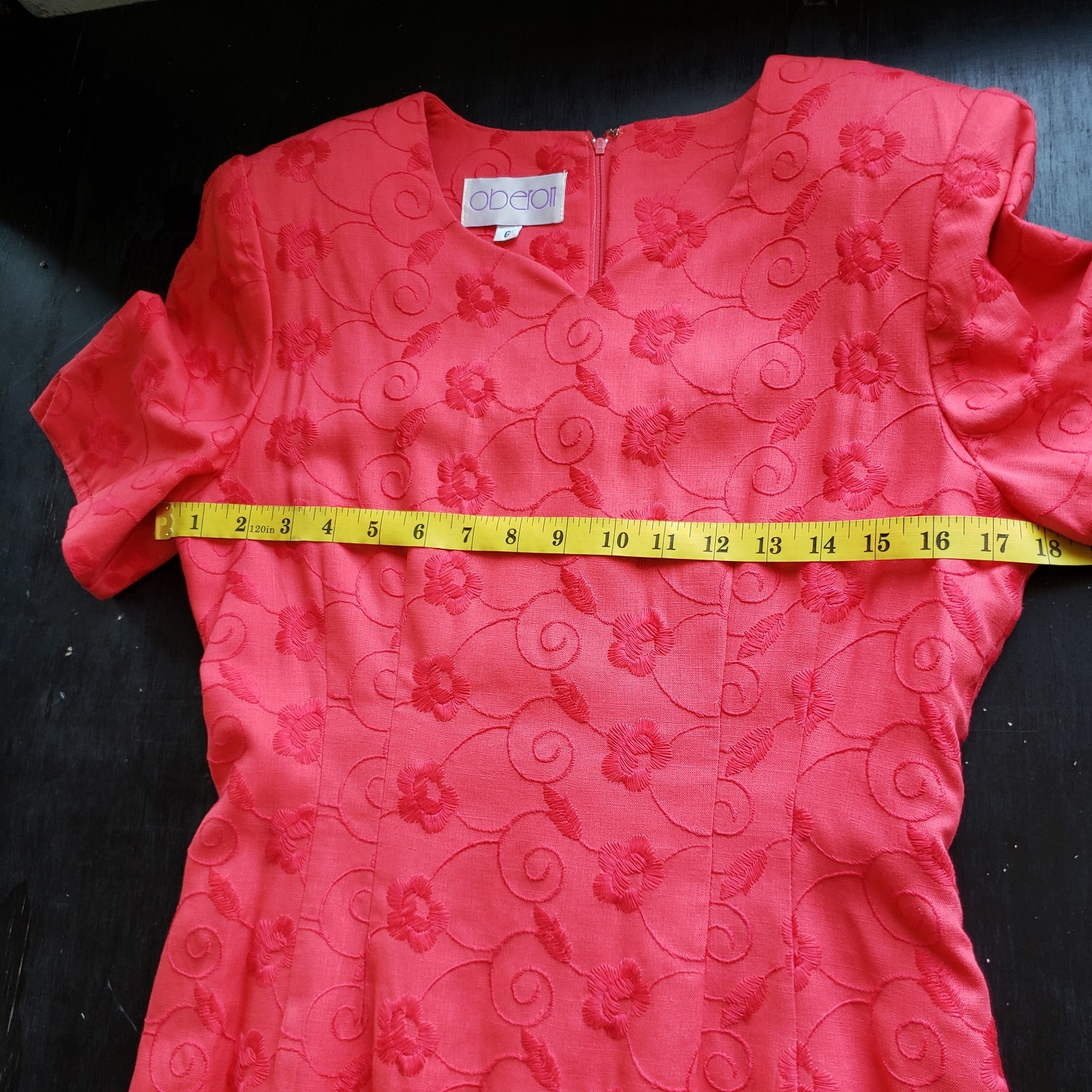Oberon Dress 6 Embroidered Linen Blend Sheath Poppy Red Short Sleeve Knee Length