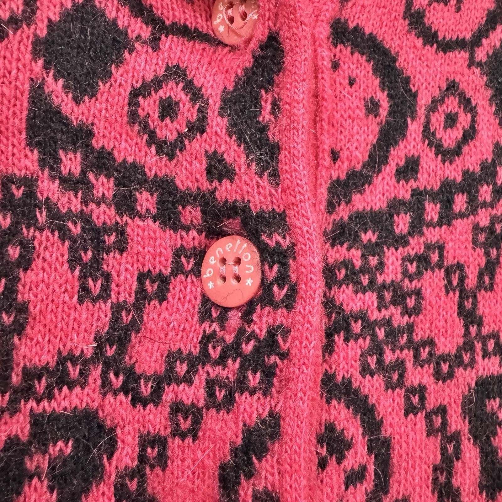 Benetton Italy Sweater Dress Size 44 Pink Black Knit Long Sleeve Abstract Vtg