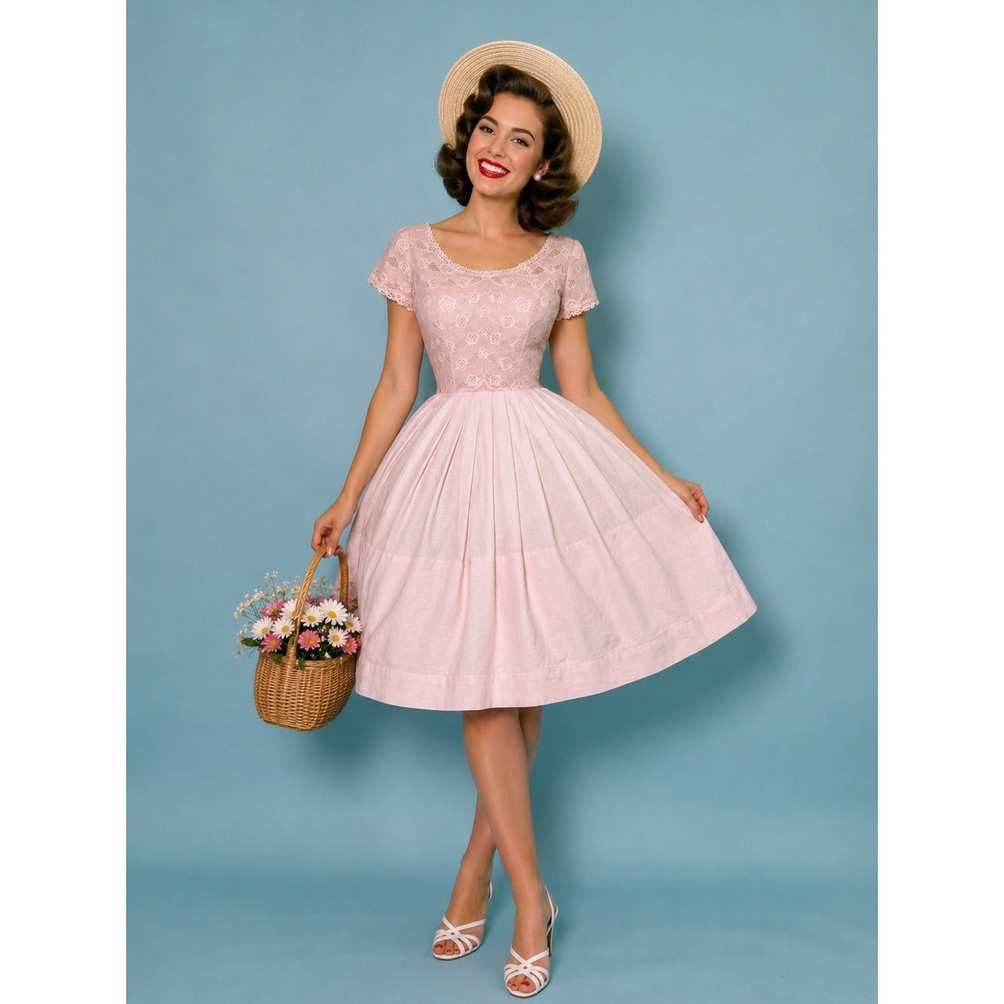 Vintage 1950s Jr Flair Sportlane Pink Cotton Lace Southern Belle Dress XS 50s