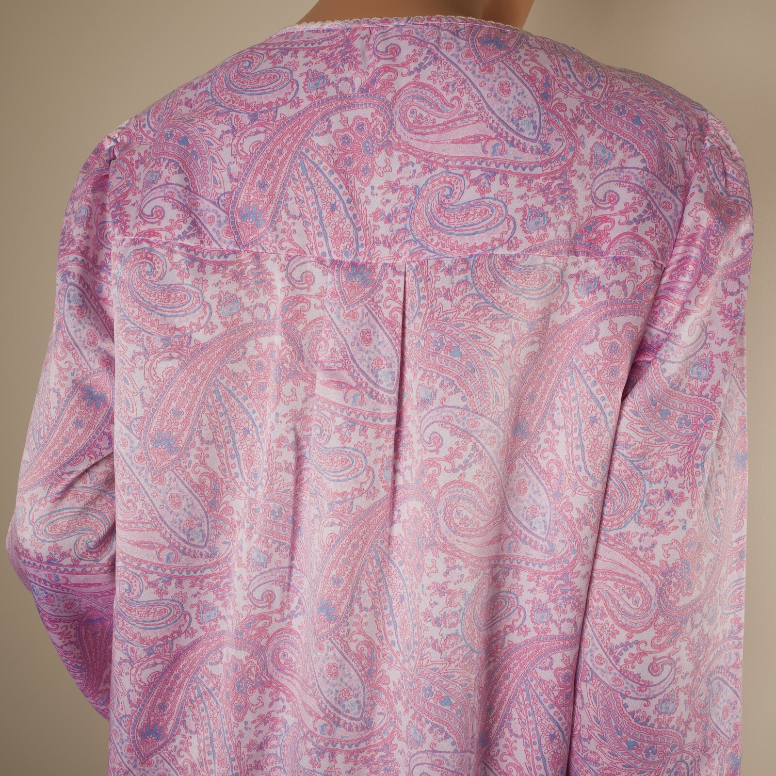 💖 MISS ELAINE Petites Pink Satin Nightgown Paisley Long Sleeve PM