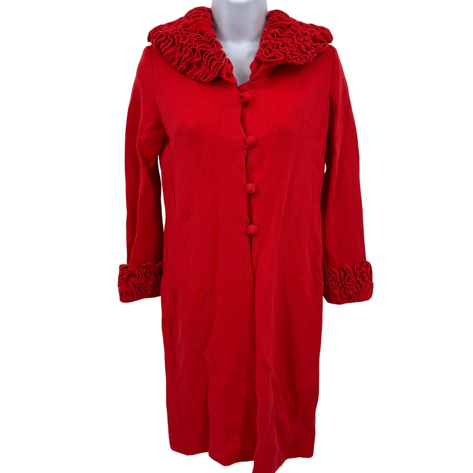 Vintage 60s Lipstick Red Dress Ruffled Collar Cuffs Abella Paris Size M Pinup