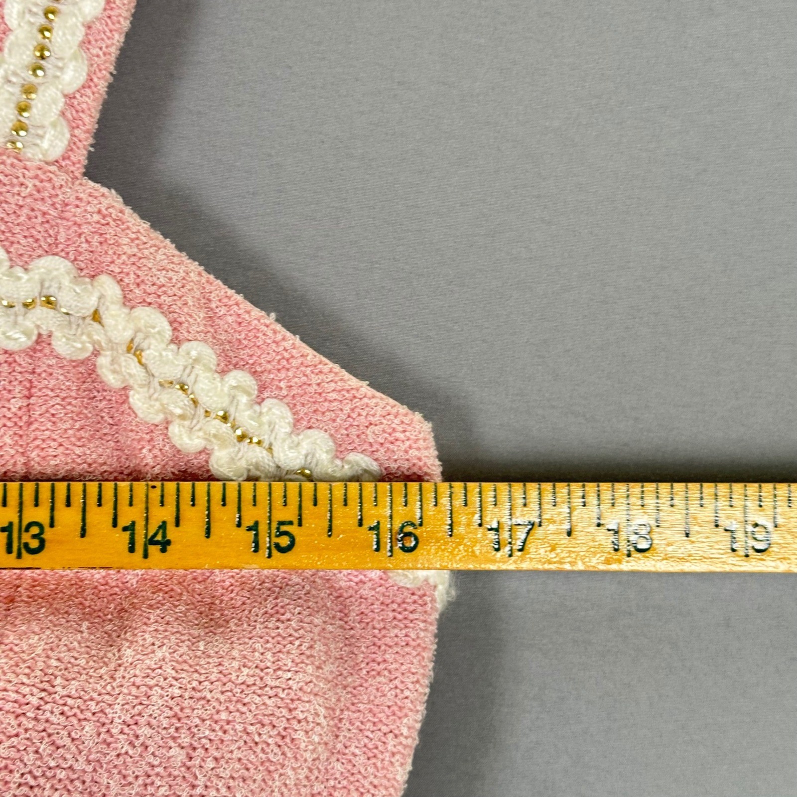 Vintage St John Marie Gray Pink Boucle Knit Mini Dress Wool Crochet Trim Sz 10