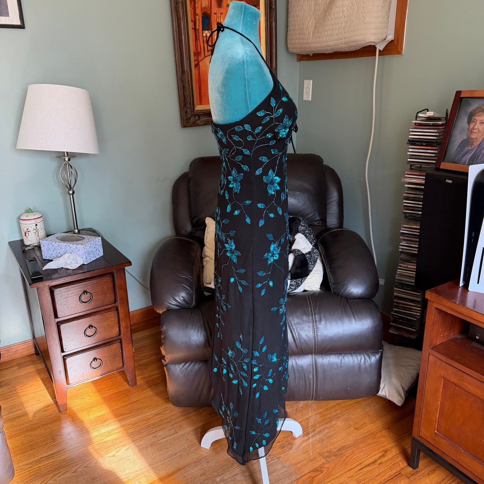 Cache Womens Silk Halter Maxi Black Teal Sequin Beaded Prom Fairy