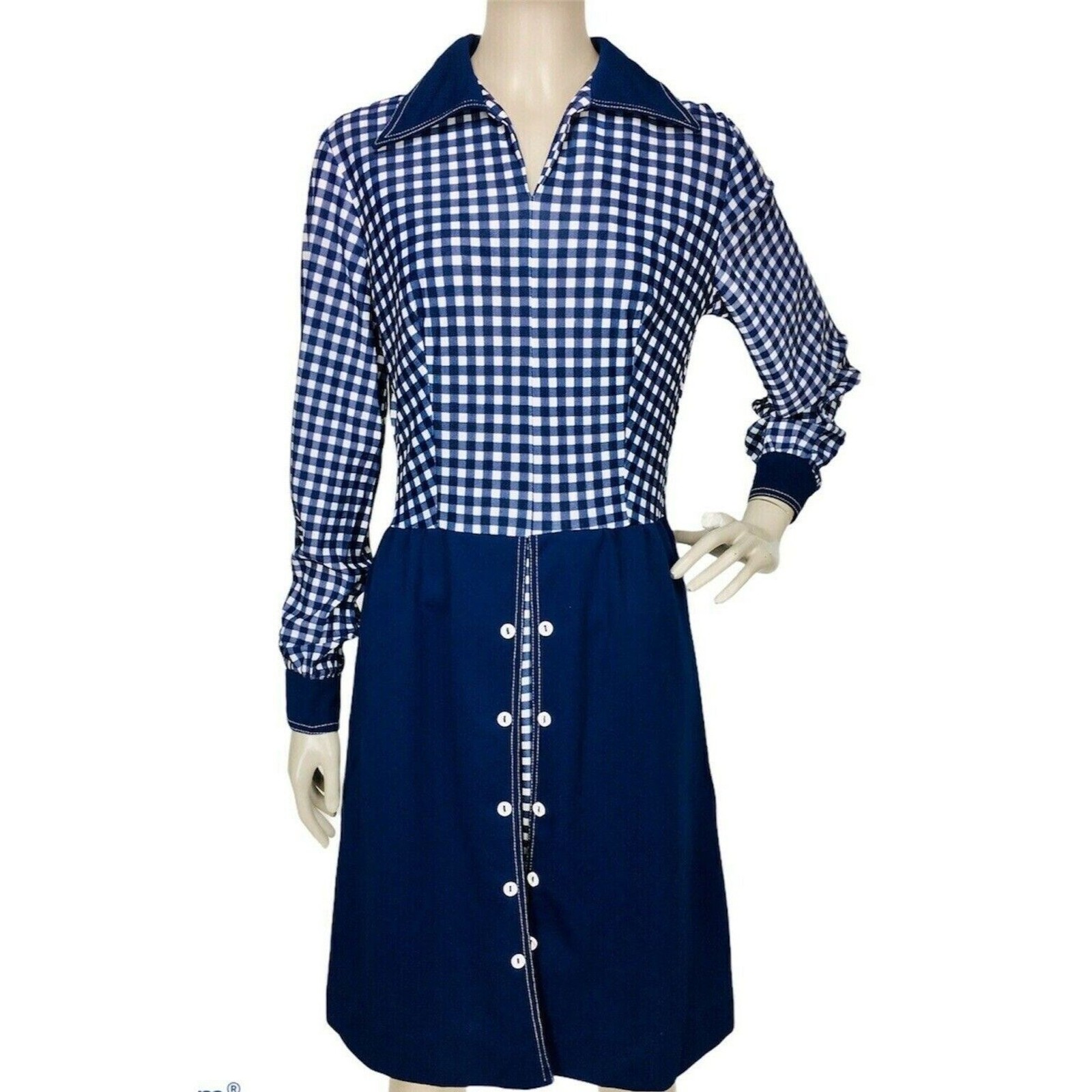 Vintage 60s MOD Academia Blue White Gingham Peekaboo A-Line Dagger Collar Dress