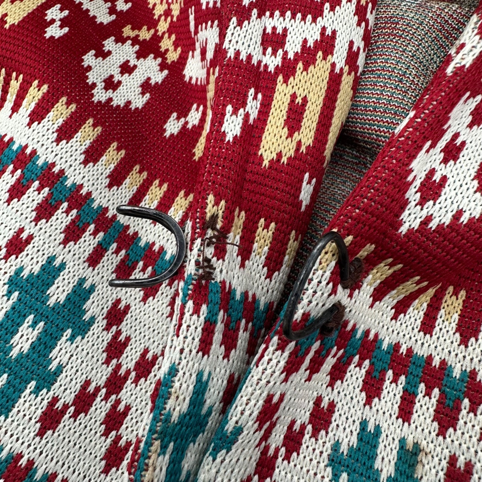 Vintage Cardigan Jacket 1970s Jane Colby USA Aztec Belted Maroon Teal Medium