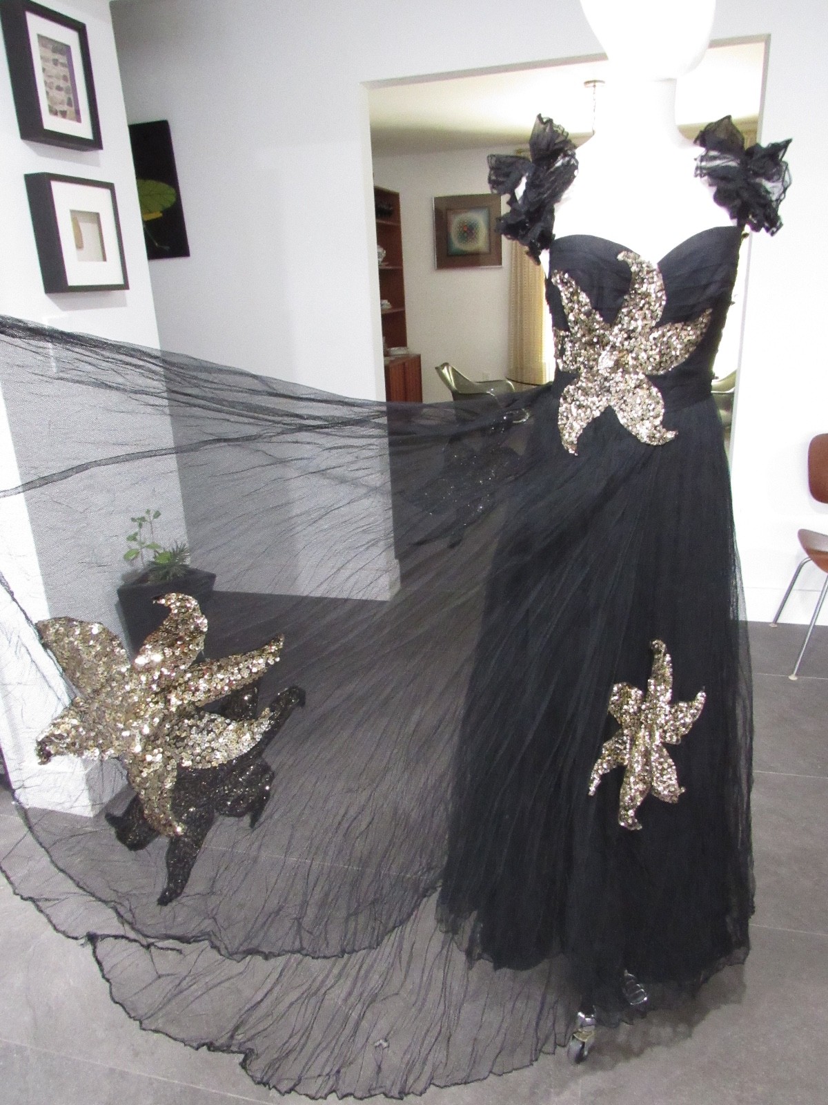 W@W VTG COUTURE 30s 40s formal dress tulle sequins black gold maxi goth witchy M