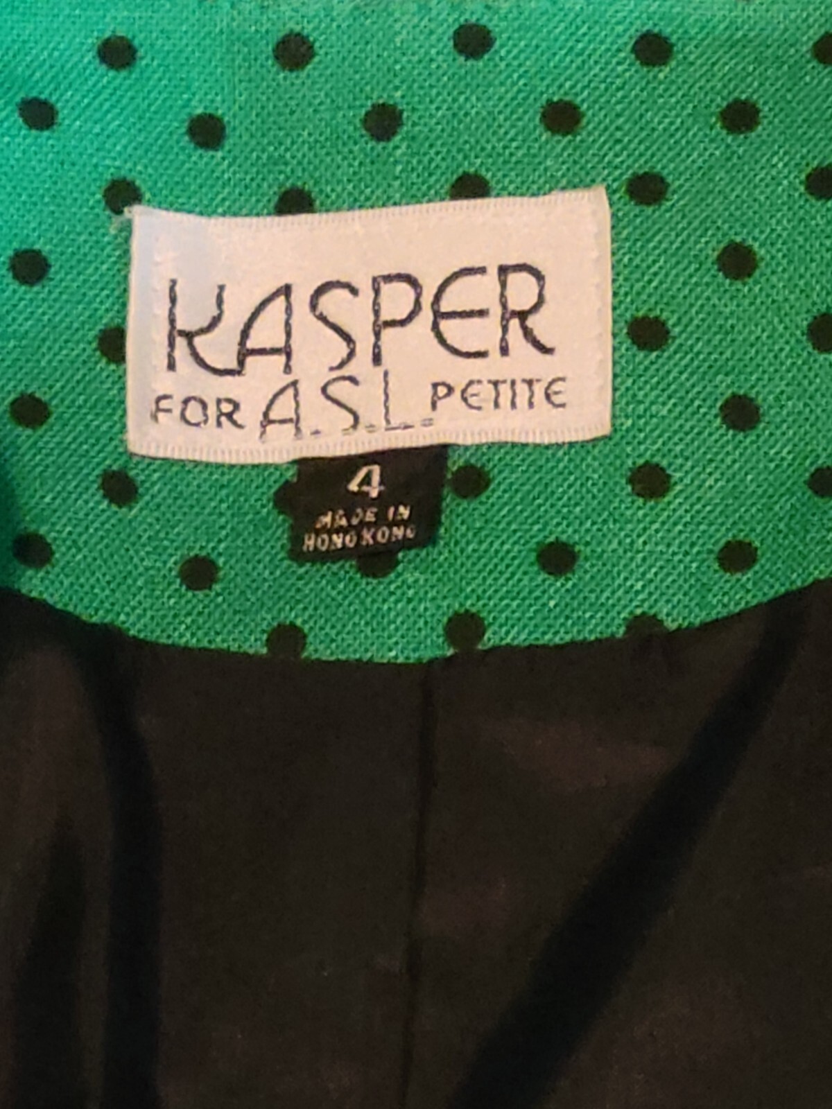 50s Style Jacket Green w/ Black Dots, Shortsleeve Button By Kasper for ASL Sz 4P
