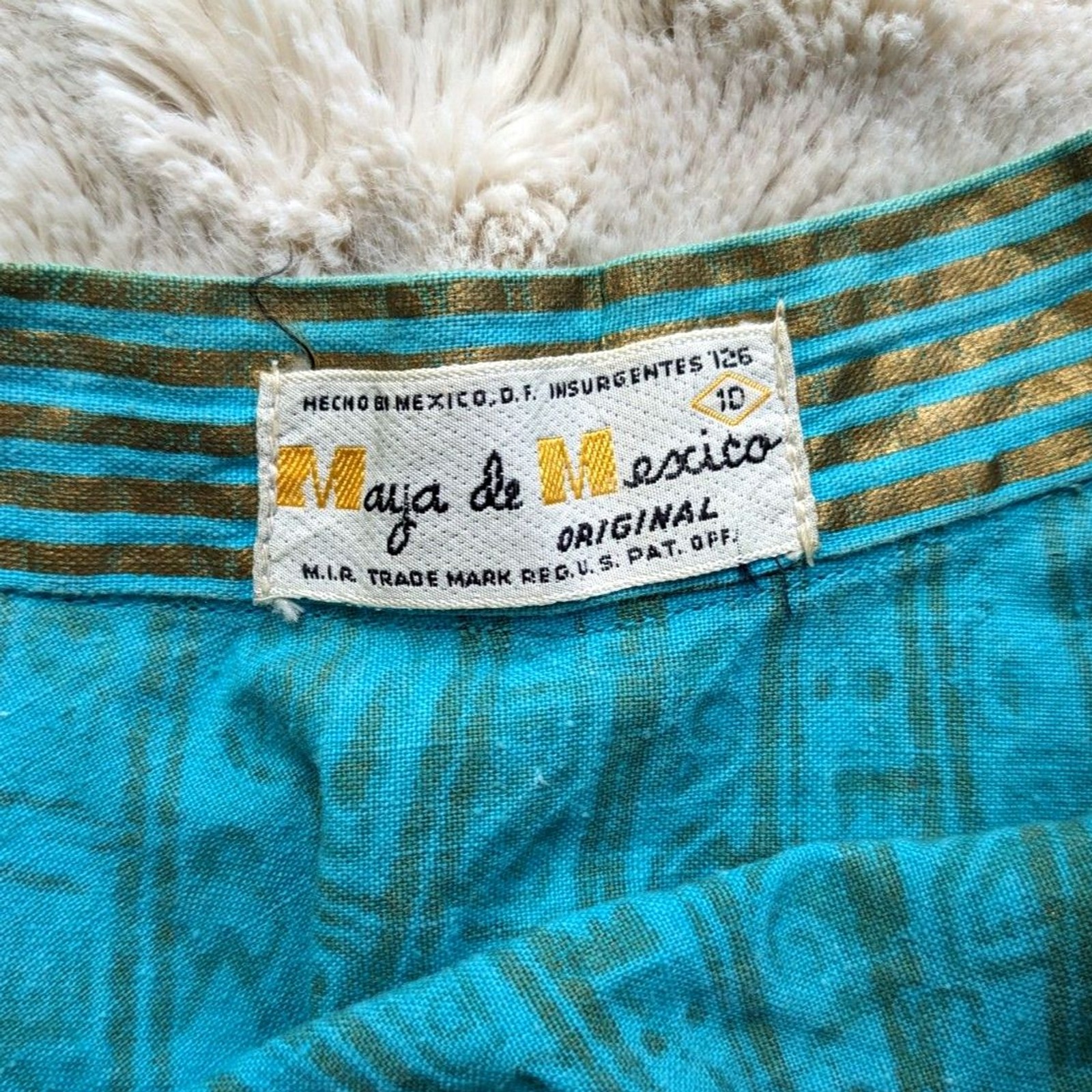 1950s MAYA de MEXICO Mayan Hieroglyph Hand Painted Aqua/Gold Circle Skirt sz. XS
