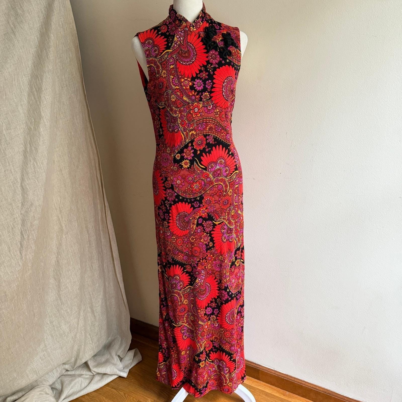 Vintage 70s Qipao Maxi Dress Psychedelic Column Paisley XS Stretch Side Slit