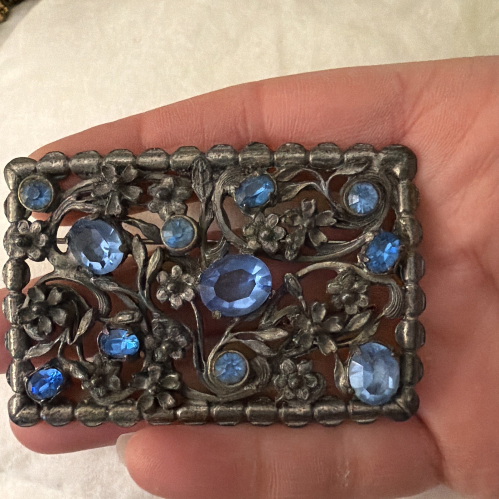 Vintage Ornate Pin Light blue Gems Silver Metal Floral and Vines