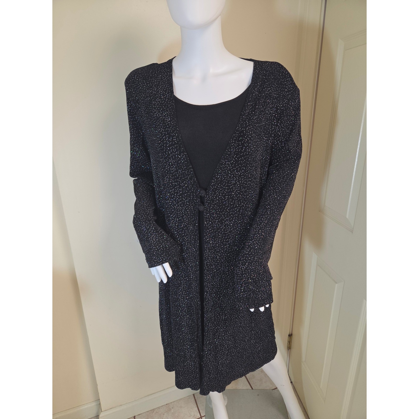 Vintage Sheri Martin NY Glitter Knit Dress & Cardigan Set Black Size 12 2 Piece