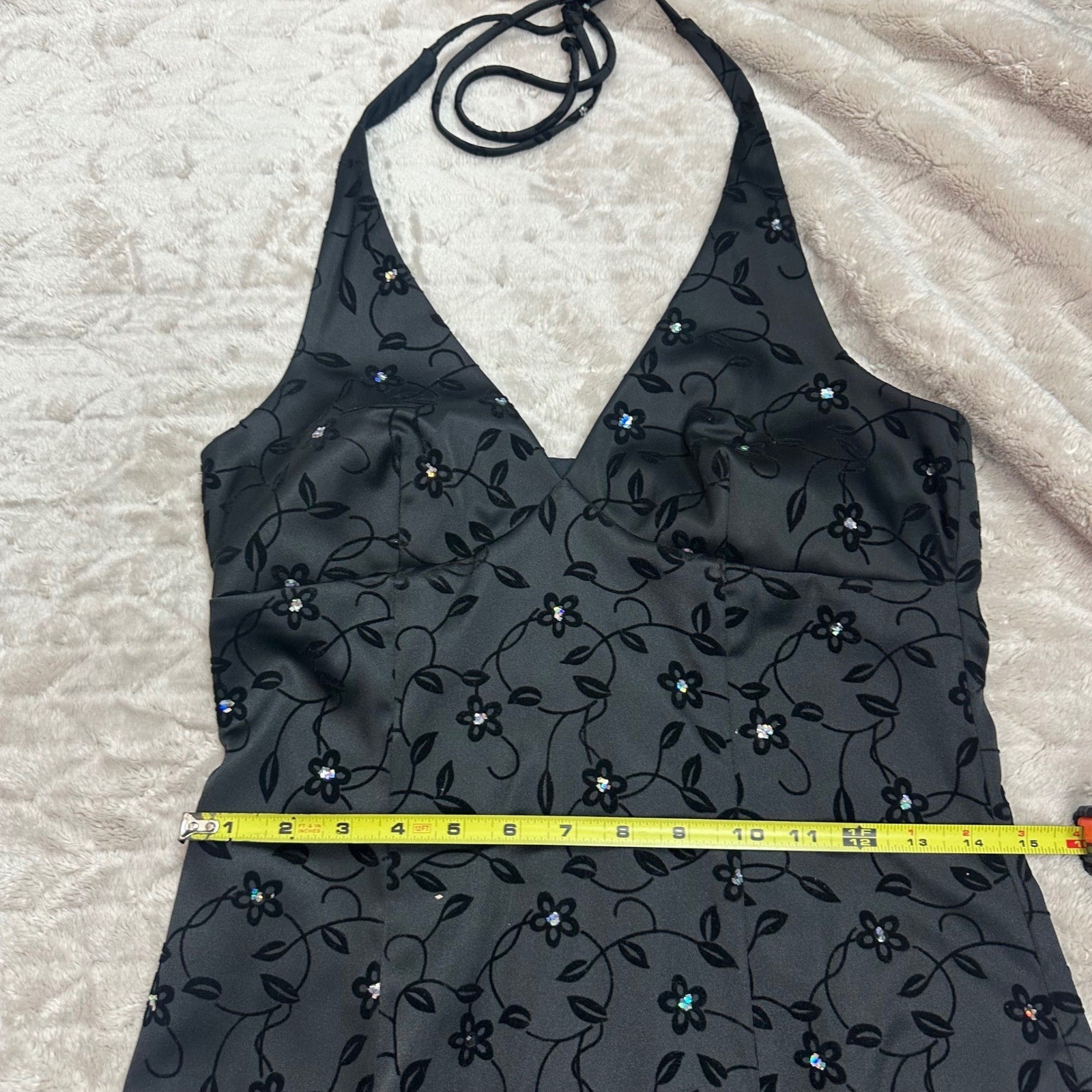 City Triangles Vintage Y2K Black Flocked Floral Rhinestone Halter Dress Sz 9/10