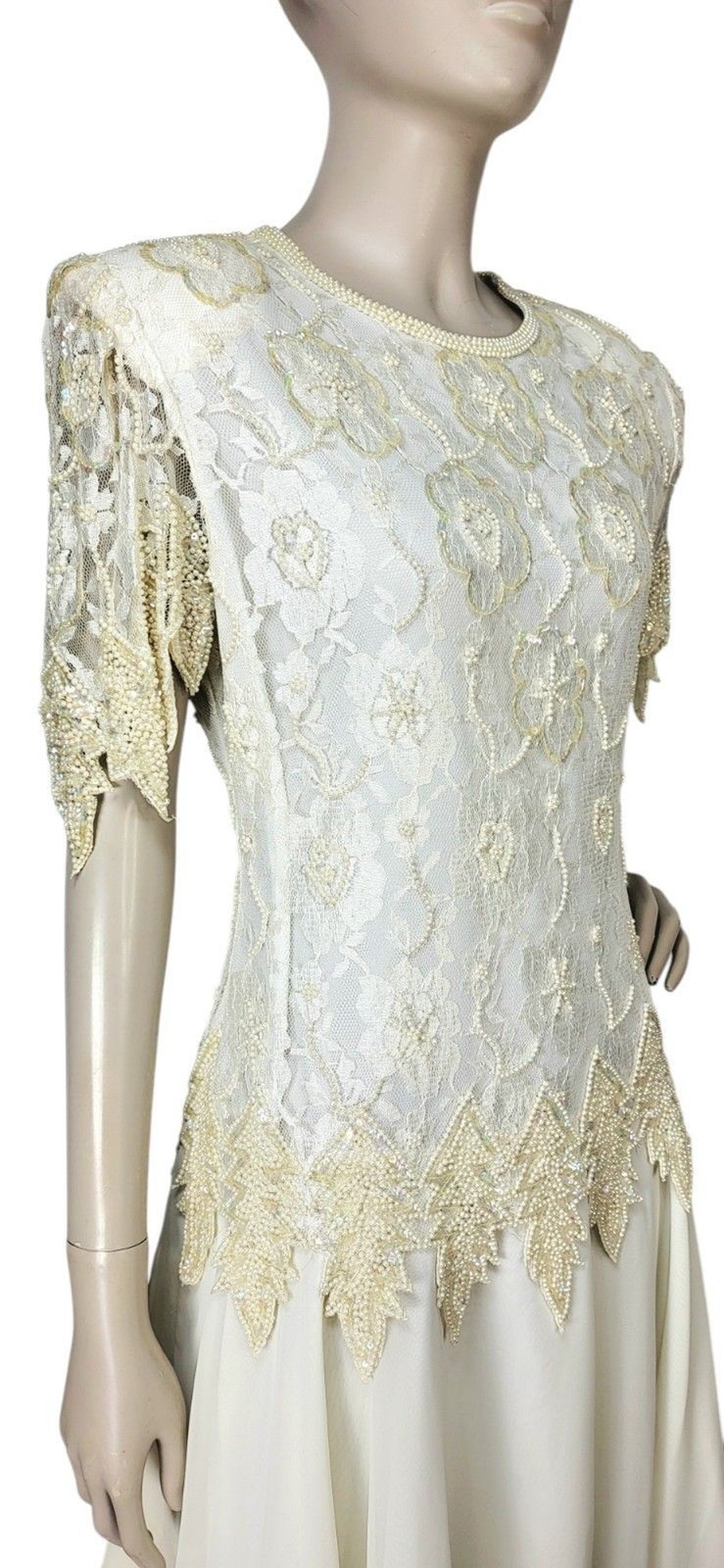 Vintage Laurance Kazar Creme Pearl Beaded Sequined Tiered Chiffon Formal Dress