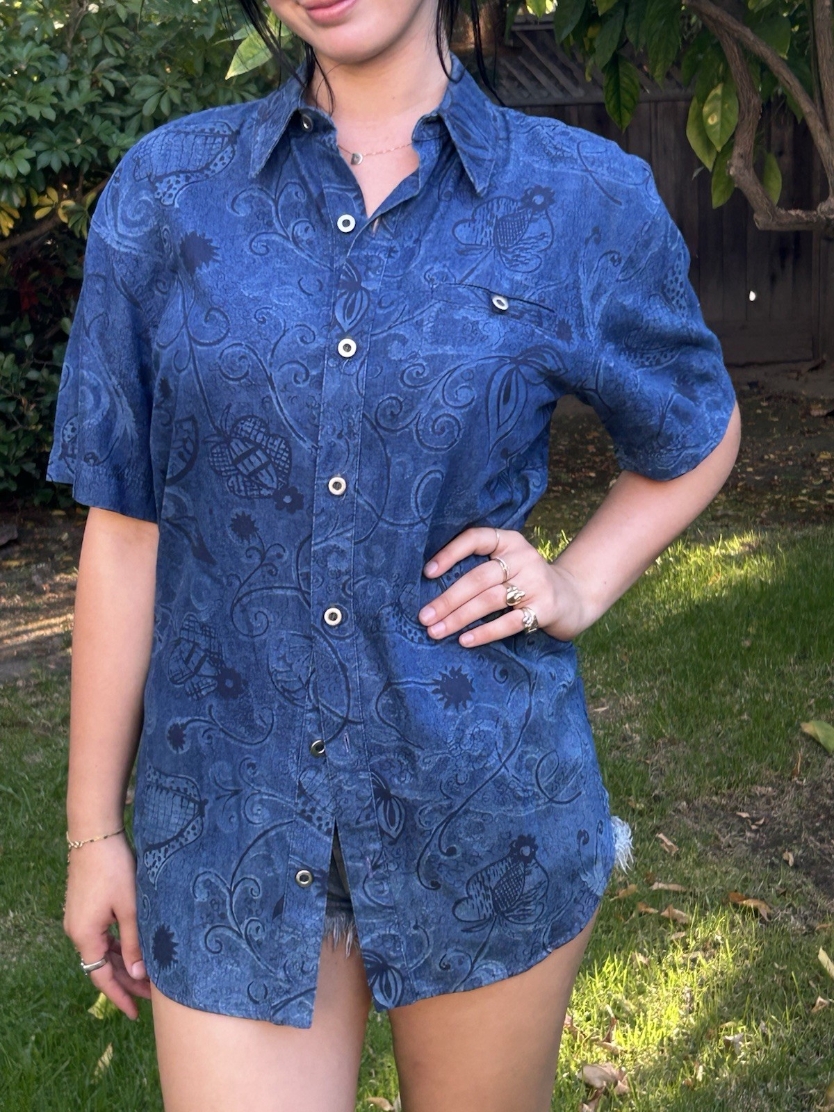 Vintage BIS Gene Ewing California Sunwash S M Oversize Shirt Denim Print Blue