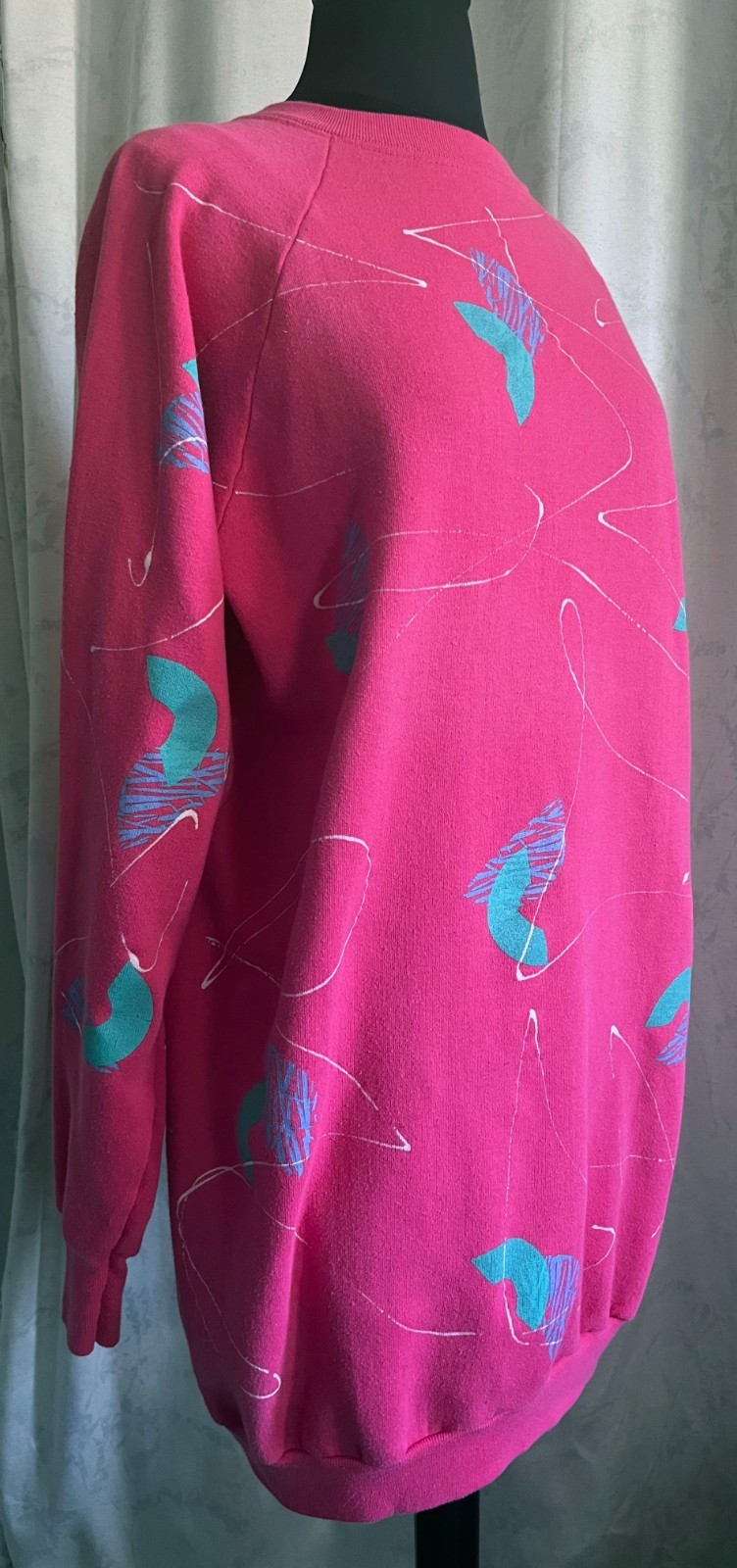 VTG Free Size 80s Bright Pink Sweater Dress Retro Teal Print