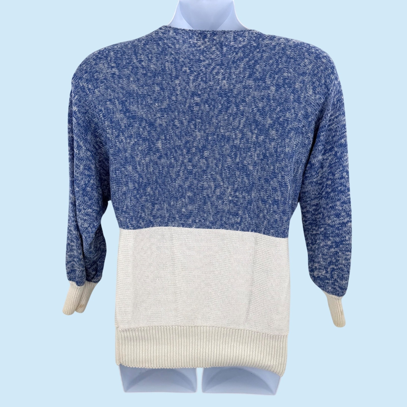 VTG PIERRE LAMONTE BLUE WHITE ABSTRACT BEAD EMBELLISHED DOLMAN SLV 80’S SWEATER