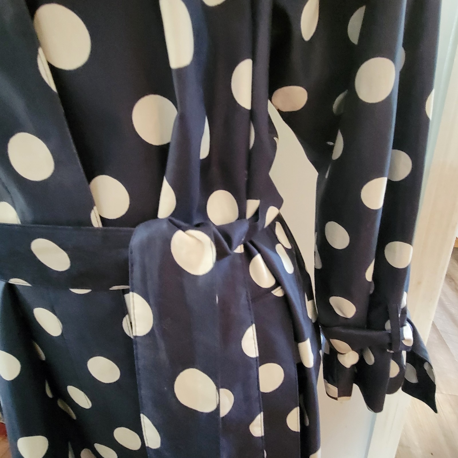 VINTAGE Count Romi Trench Coat Size 14 Navy/White Polka Dots Belted Buttons EUC