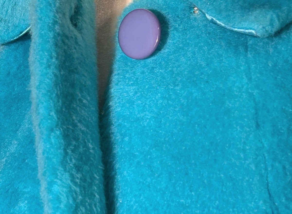 Vtg 1960s Mod Turquoise 100% Cotton Plush Swing Coat Floral Appliqué Jacket L 14