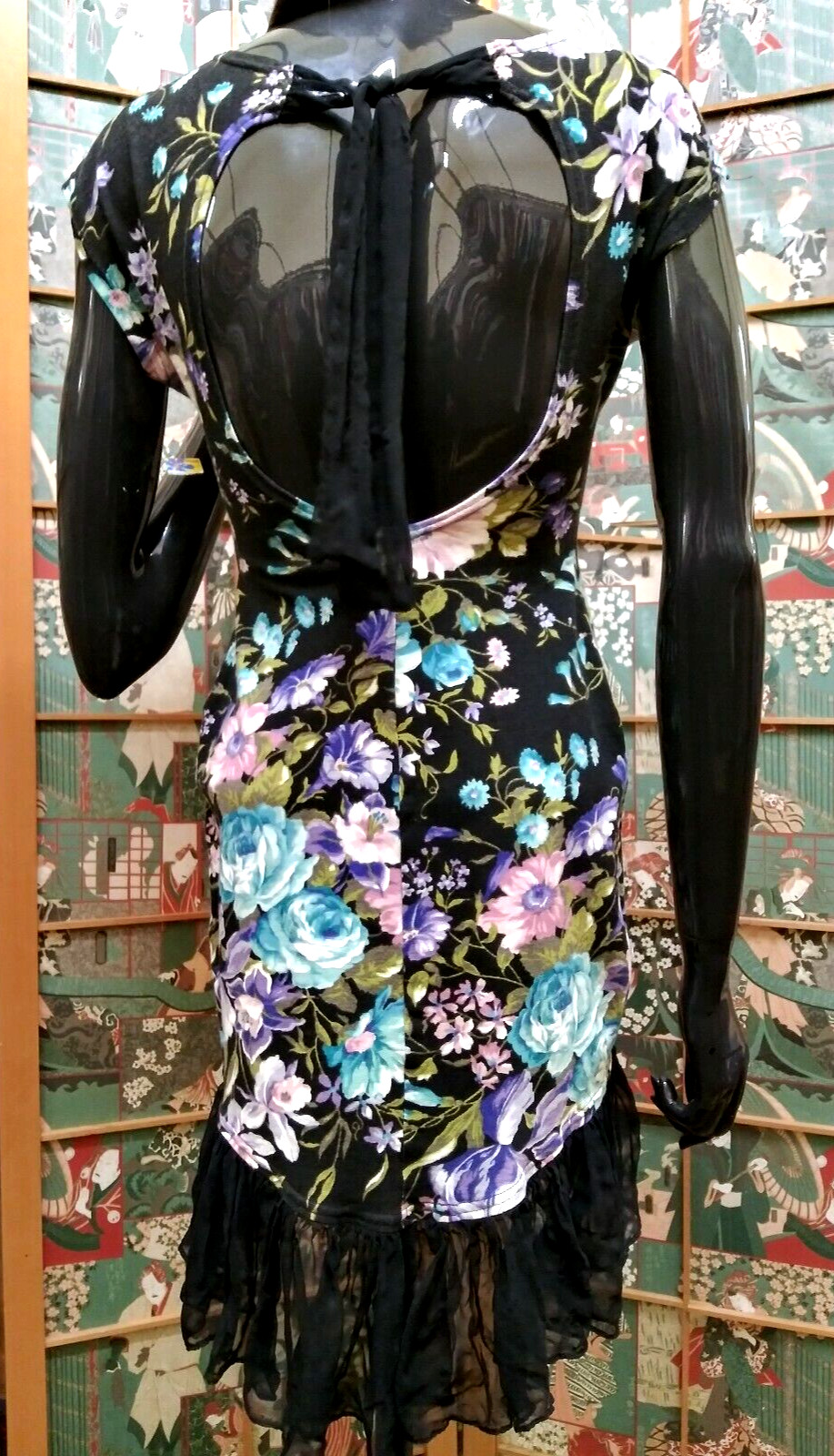 New Wave Dress S JAY JACOBS 1980s Chiffon Floral Stretch CUB WEAR Hip Hop Style
