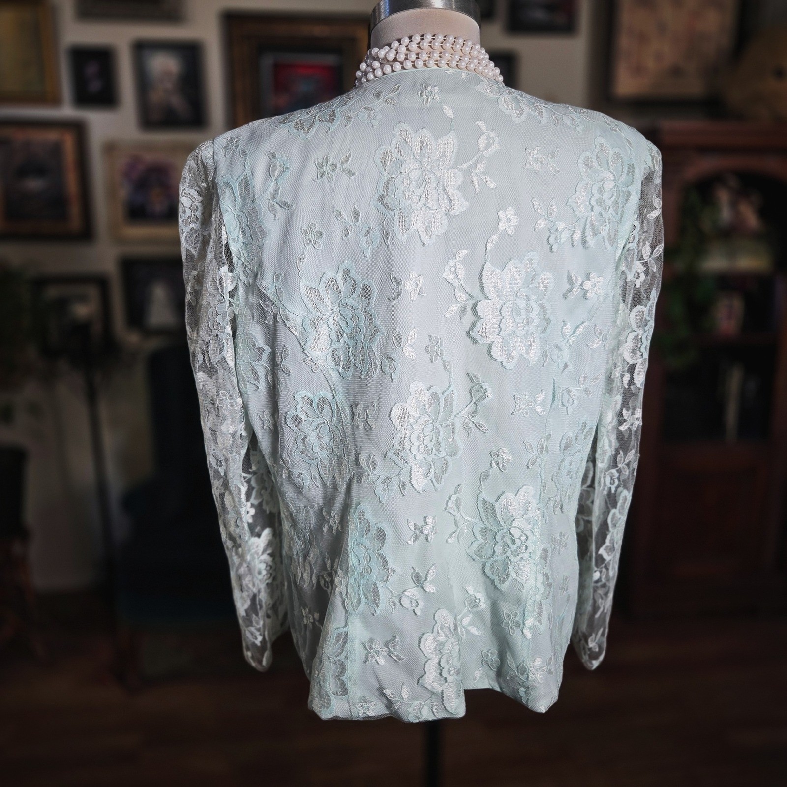 Vintage 90s Patra Mint Green Floral Lace Evening Long Sleeve Top Pearl Button