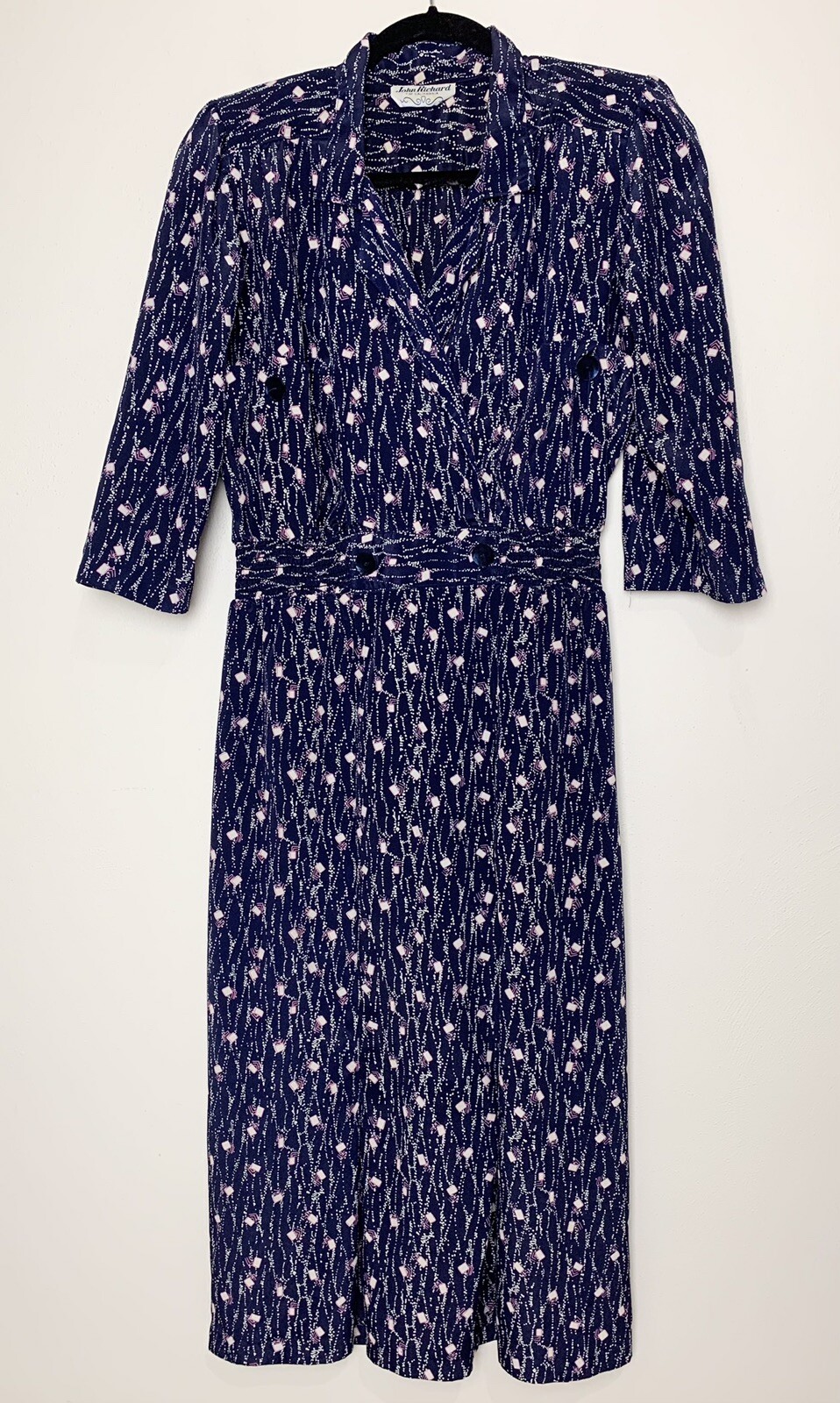 VTG 80s dress John Richard Of California Blue Print Womens Sz M/L Puff Sleeve