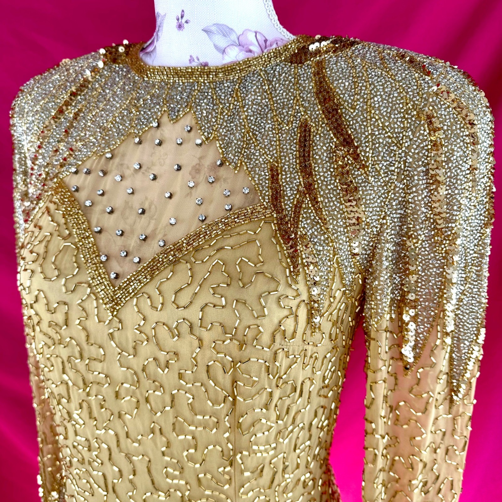 NWT Beaded Sequin Rhinestone Silk Gold Party Midi Dress Oleg Cassini Size 6 NYE