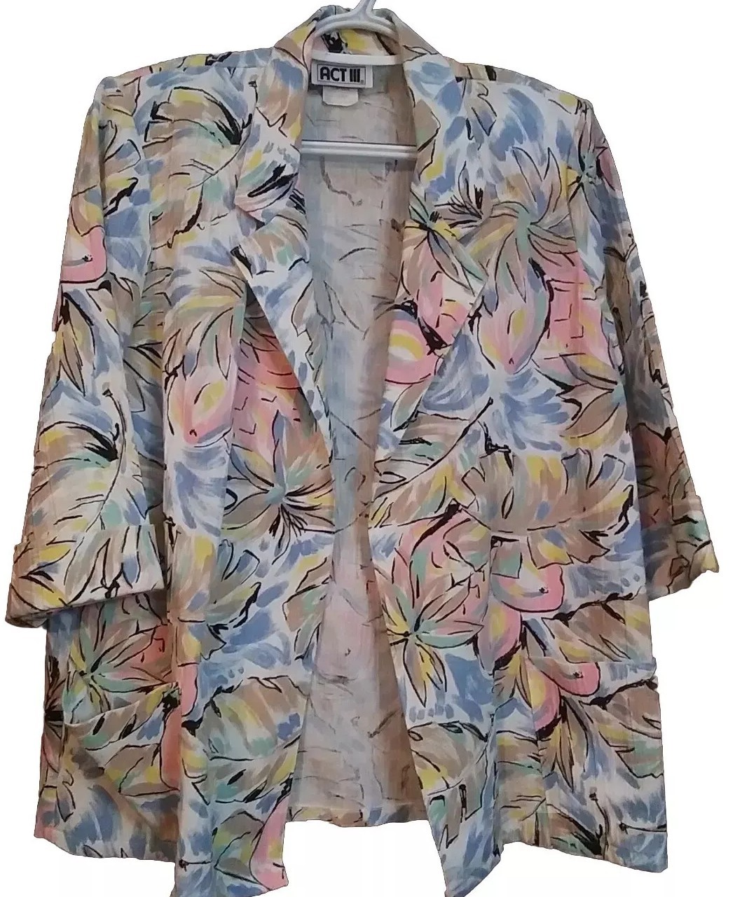 Vintage 80s ACT III Jacket Women Size 11/12 Pastel Floral Open Front 3/4 Sleeve
