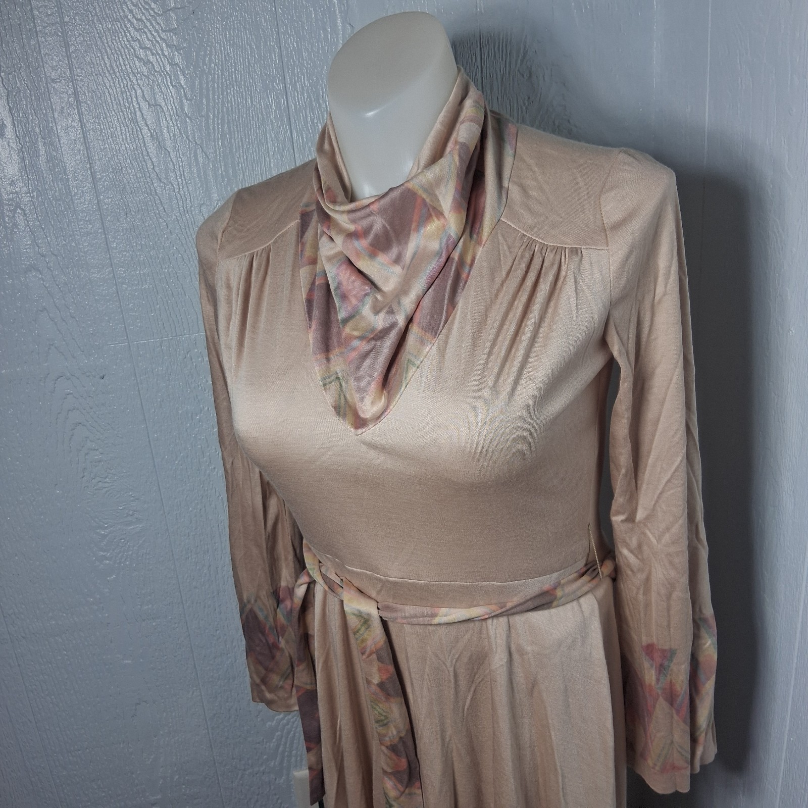Vintage 70s Midi Bell Sleeve Dress Bohemian Earth Toned Pink Flowy Geometric USA