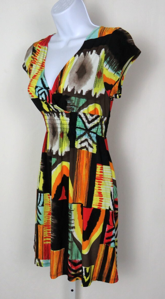 VTG 1990s MOD ABSTRACT COLOR BLOCK STRETCH DRESS OVERLAP BUST 30″ to 36″