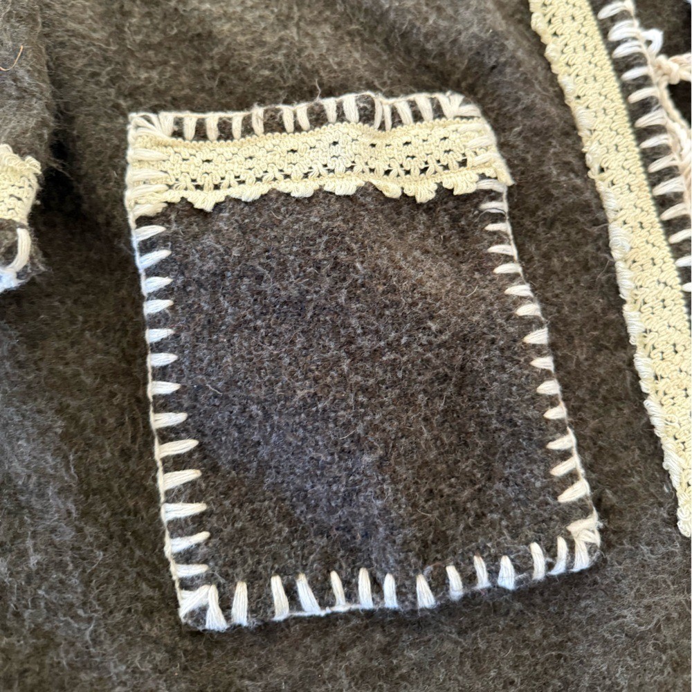Vintage Handmade Peruvian Wool Alpaca Blanket Coat Oversized Tassels Hooded Gray