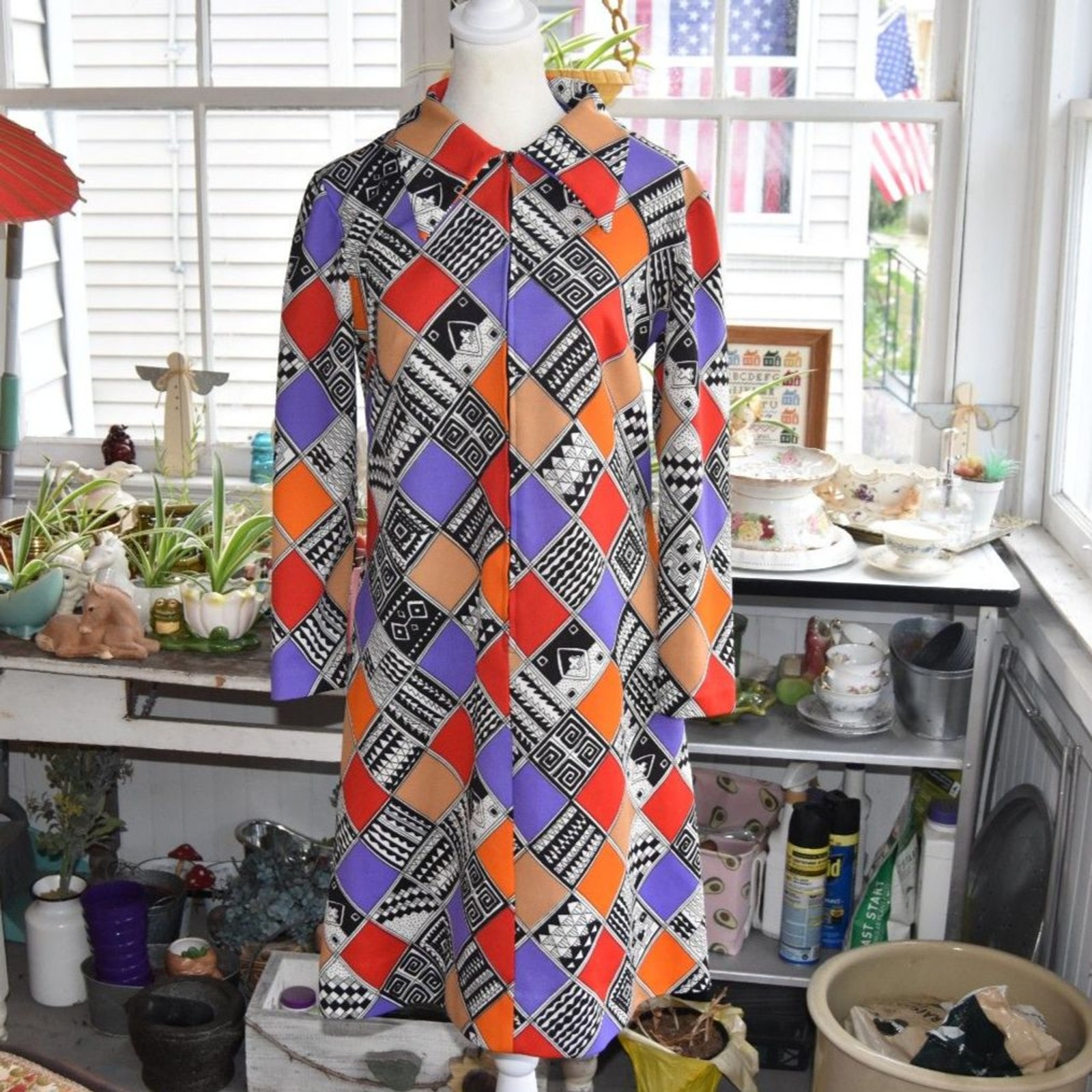 Vintage 60s Puritan Forever Young Mod Geometric Zip Front Dress Medium