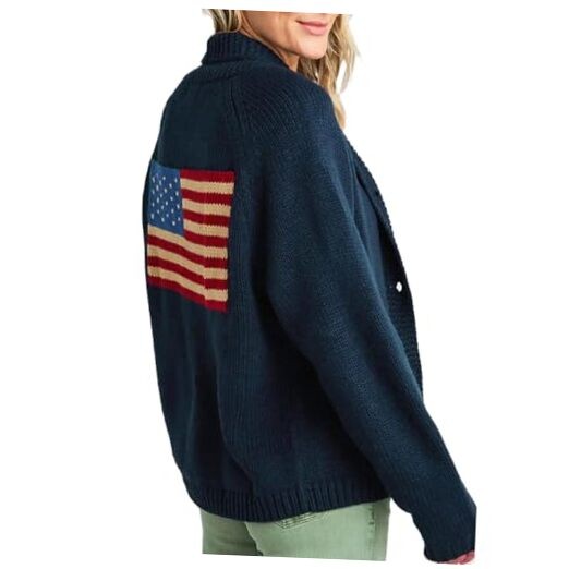Fourth of July American Flag Knit Sweater Cardigan for Women Medium Navy Blue