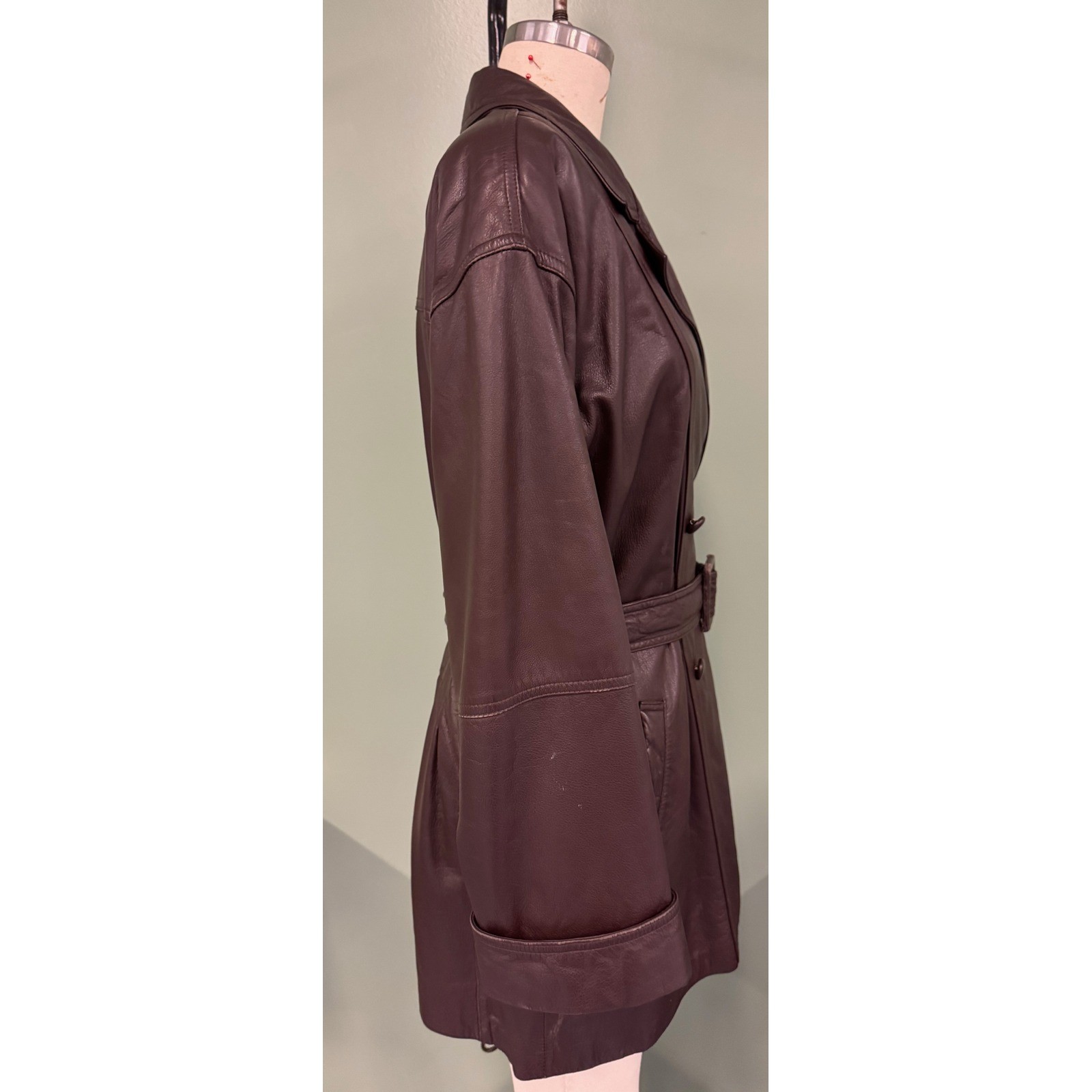 Together! Vintage Brown Leather Trench Coat Double Breasted Belted Jacket Large
