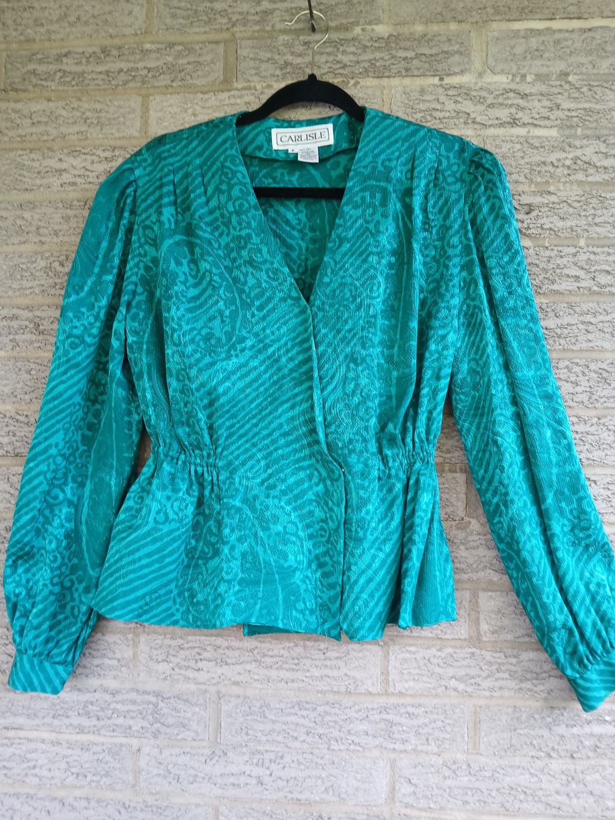 Vintage Carlisle Women’s Green Silk Peplum Blouse Puffy Sleeves Size 6